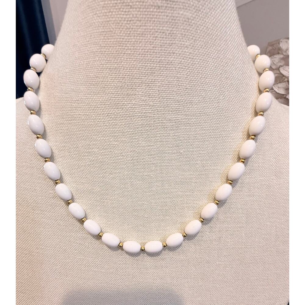 Vintage Monet White Beaded Necklace – 20” Gold Tone Signed Monet